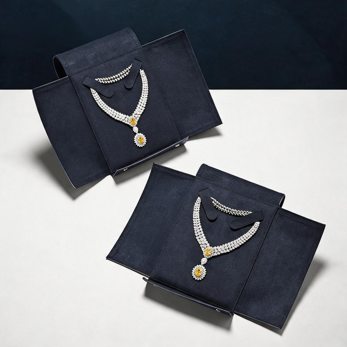Navy Leather Necklace Organizer with Snap Button for Travel Storage