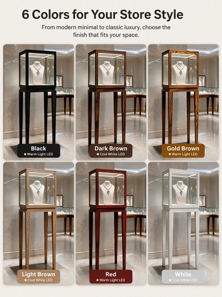 Luxury Wood Glass Display Cabinet, 360° LED Lighted Pedestal Showcase for Boutiques