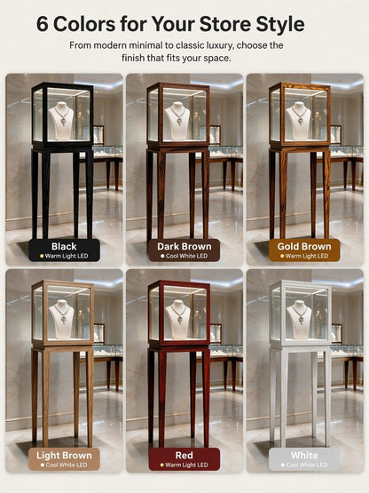 Luxury Wood Glass Display Cabinet, 360° LED Lighted Pedestal Showcase for Boutiques