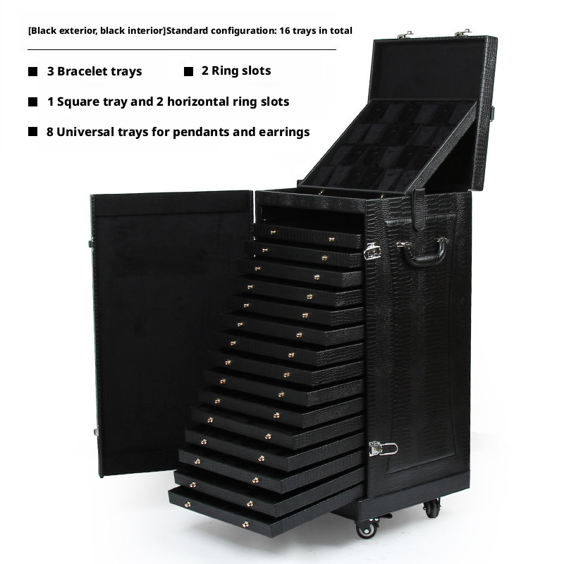 Rolling Jewelry Display Case, Crocodile PU Leather Tray Organizer Trunk, 16-Tier Storage