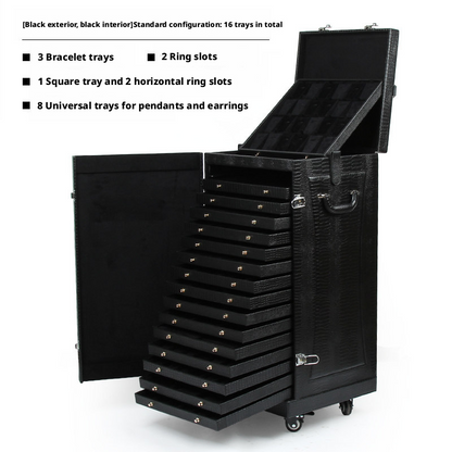 Rolling Jewelry Display Case, Crocodile PU Leather Tray Organizer Trunk, 16-Tier Storage