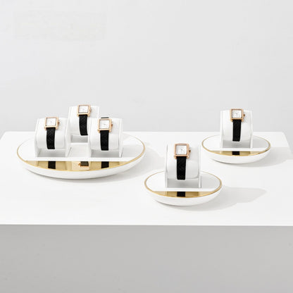 White Leather Jewelry Display Set with Gold Trim for Watch and Ring