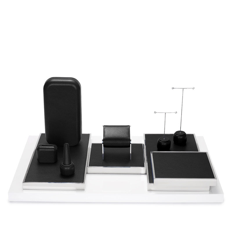 Black Leather Jewelry Display Set with Metal Trays for Rings and Earrings