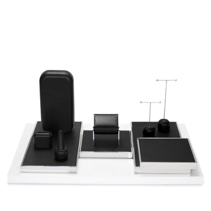 Black Leather Jewelry Display Set with Metal Trays for Rings and Earrings