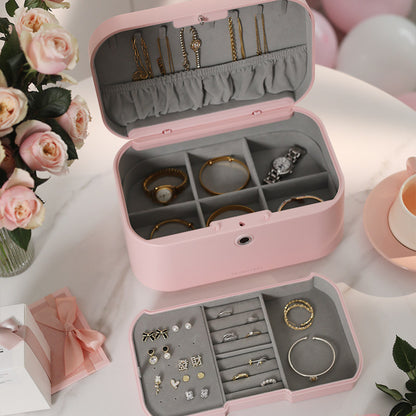 Fingerprint Lock Pink Jewelry Box, Biometric Safe Organizer Case, Smart Storage, Gift for Her
