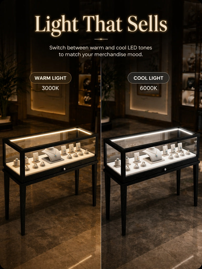 Solid Ash Wood Jewelry Display Cabinet, Adjustable LED Lighting, Retail Presentation Showcase