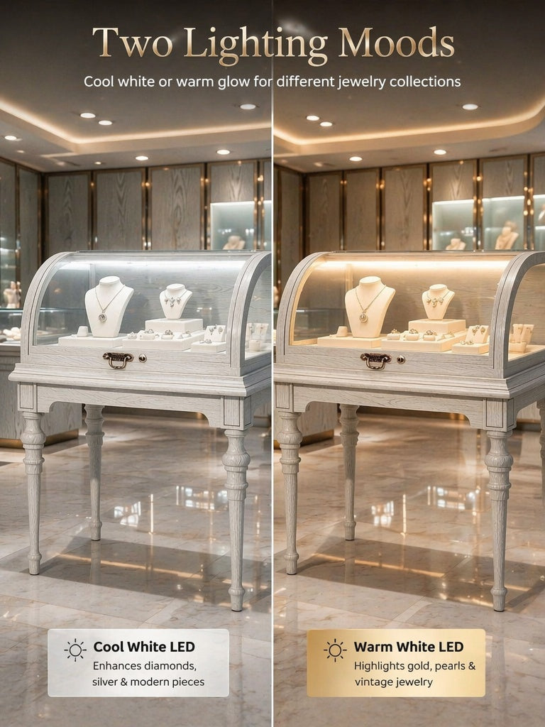Lighted Wood Jewelry Display Case, Glass Curved Retail Showcase, Antique Store Fixture Cabinet