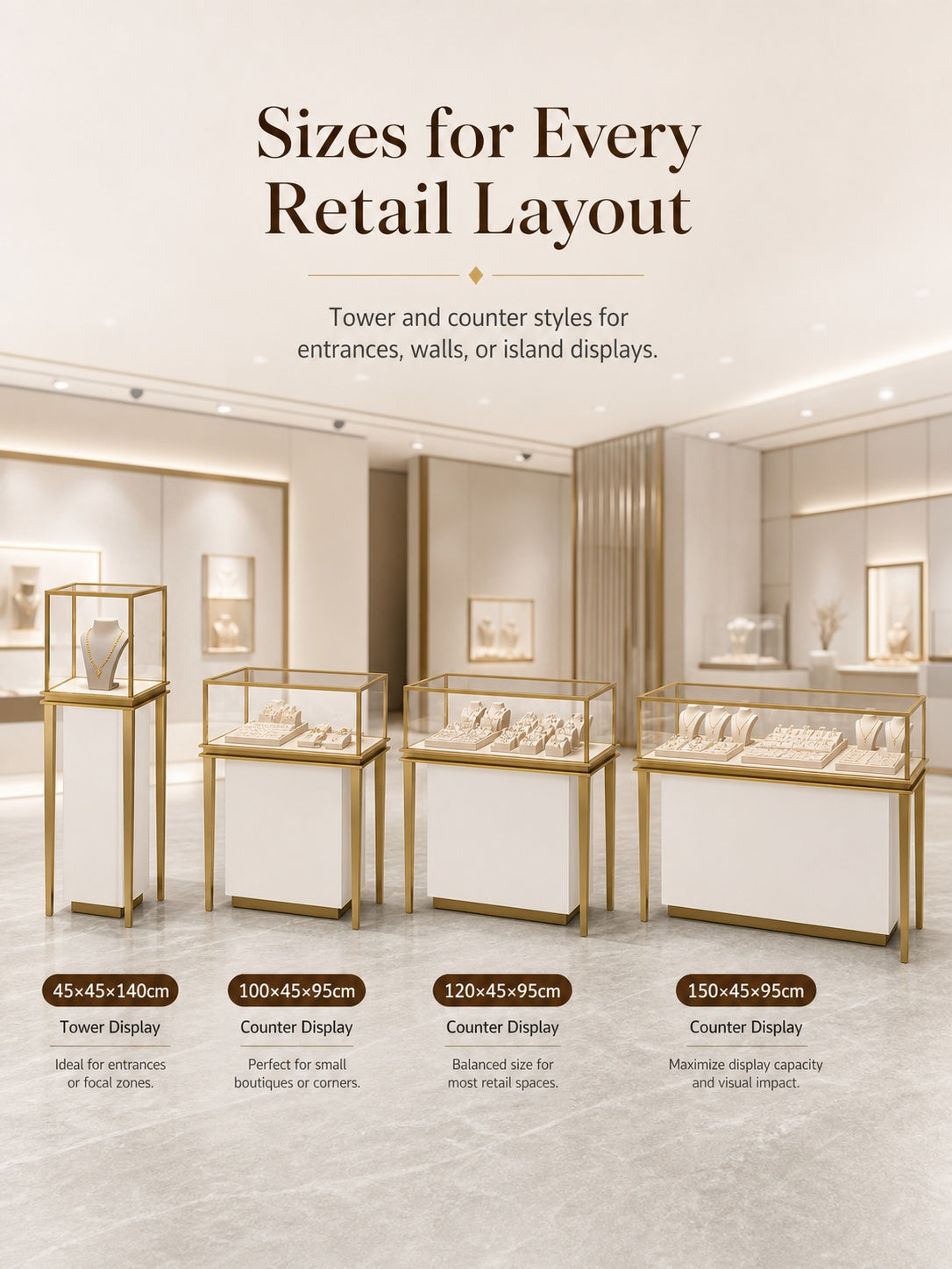 Stainless Steel Jewelry Display | Electroplated Metal Showcase with Glass Top & Logo Option for Boutiques