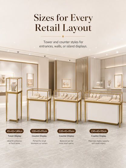 Stainless Steel Jewelry Display | Electroplated Metal Showcase with Glass Top & Logo Option for Boutiques