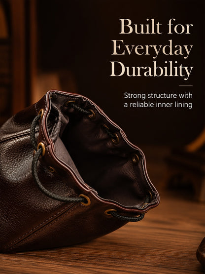 5pcs Waxed Leather Drawstring Pouch, Top-Grain Cowhide Snap Bag, Vintage Coin Jewelry Organizer, EDC Travel Storage