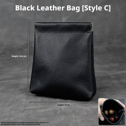 5pcs Genuine Leather Storage Pouch, Waterproof Pebble Cowhide Bag, Snap Drawstring Zipper Closure, Jewelry Organizer