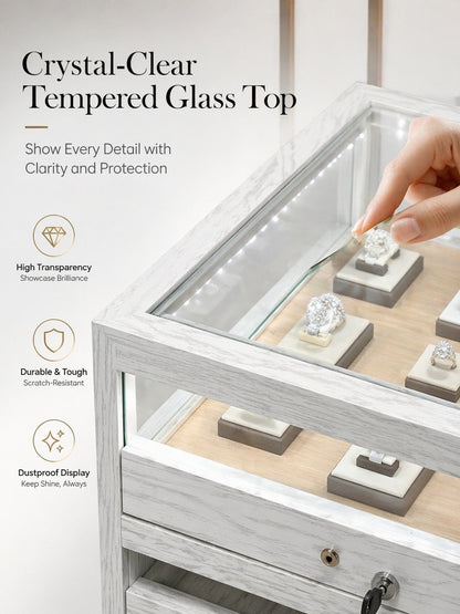 Solid Ash Wood Jewelry Display Case – Tempered Glass, LED Lighting, Lockable Drawers