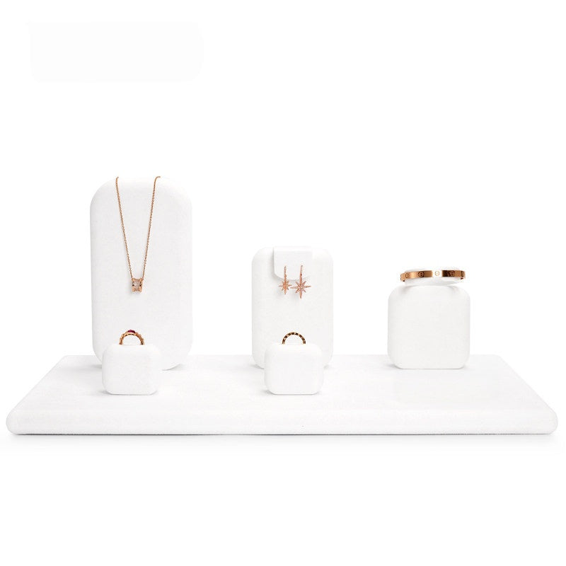 White Suede Jewelry Display Set with Necklace Stand and Ring Holders
