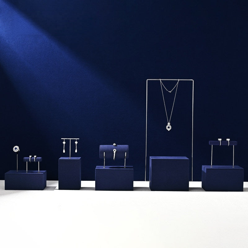 Navy Blue Velvet Jewelry Display Set with Metal Stands for Vendors