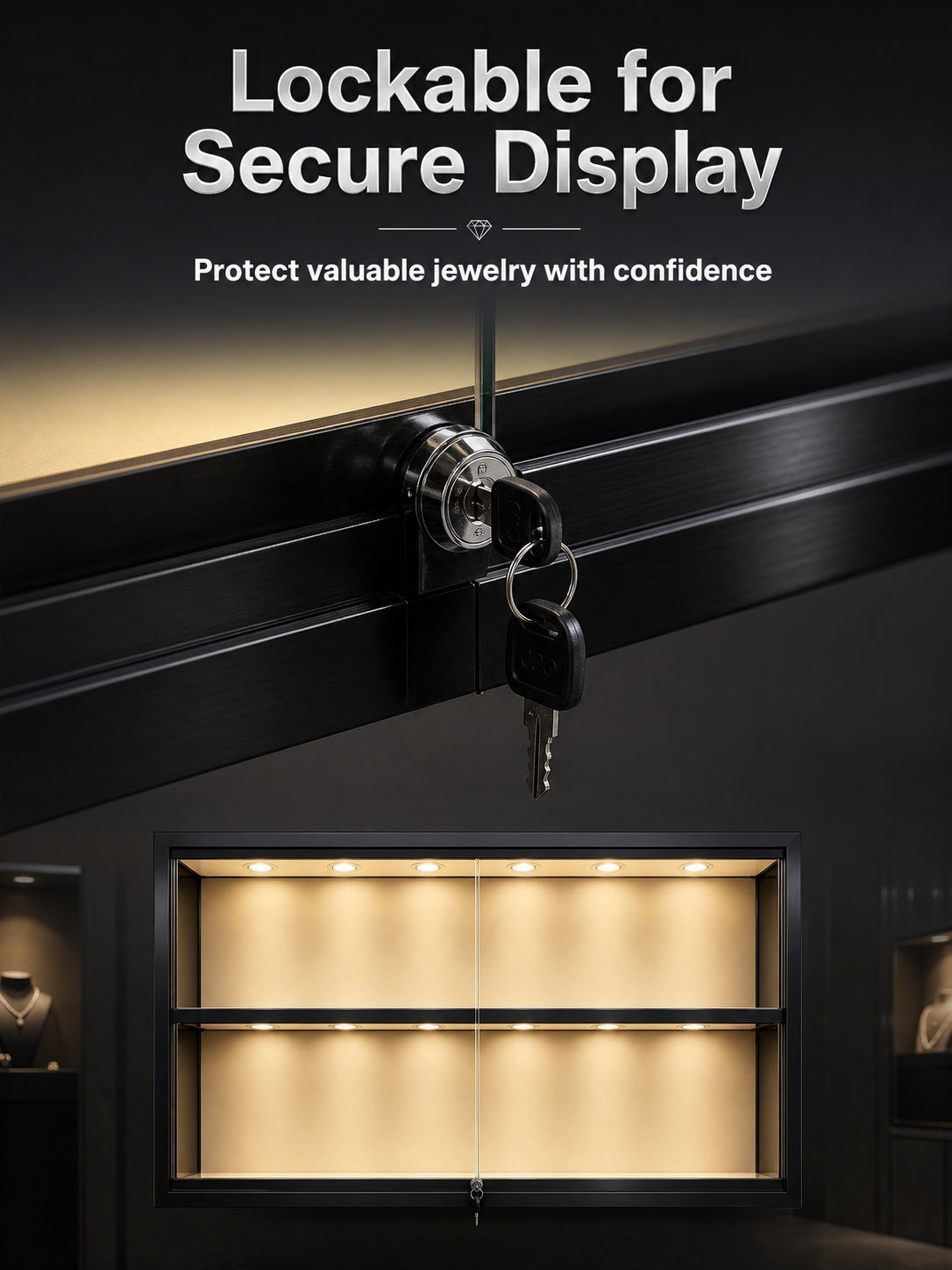 Gold Wall-Mounted Jewelry Display Case with LED Lights & Lock, 2-Tier Stainless Steel Electroplated Showcase Cabinet for Retail Boutiques