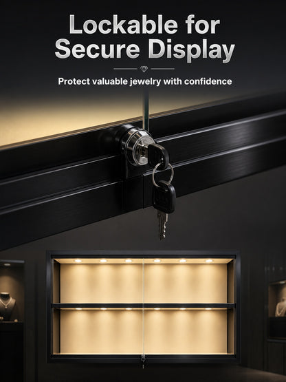 Gold Wall-Mounted Jewelry Display Case with LED Lights & Lock, 2-Tier Stainless Steel Electroplated Showcase Cabinet for Retail Boutiques