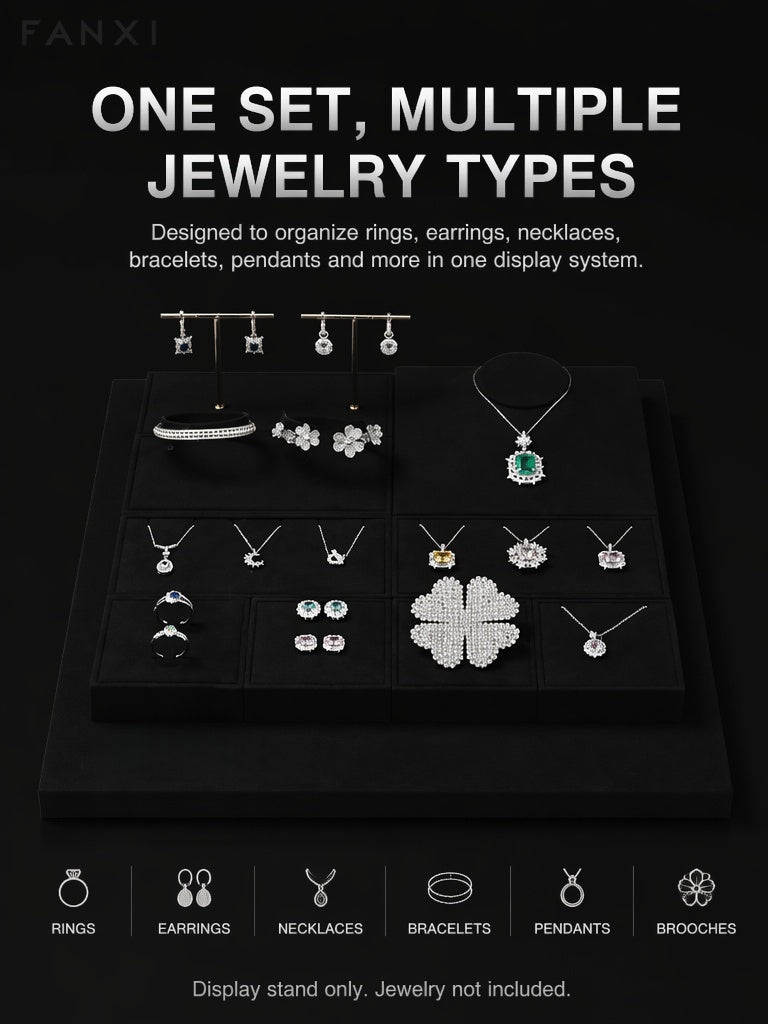 5pcs Black Suede Jewelry Display Stand Set, Modular Necklace Ring Organizer Trays