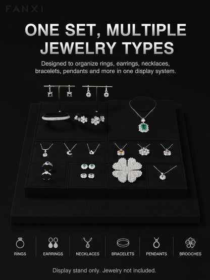 5pcs Black Suede Jewelry Display Stand Set, Modular Necklace Ring Organizer Trays