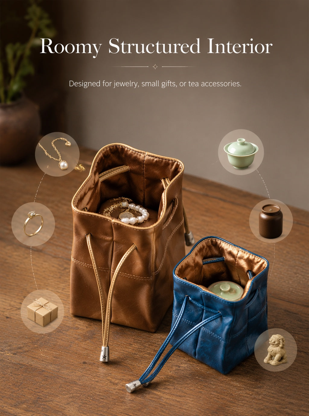 5pcs Oil-Waxed Leather Drawstring Pouch, Jewelry Travel Organizer, Star Hardware Bag