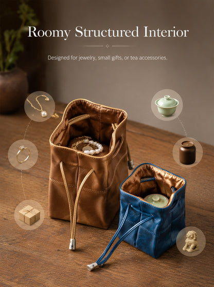 5pcs Oil-Waxed Leather Drawstring Pouch, Jewelry Travel Organizer, Star Hardware Bag