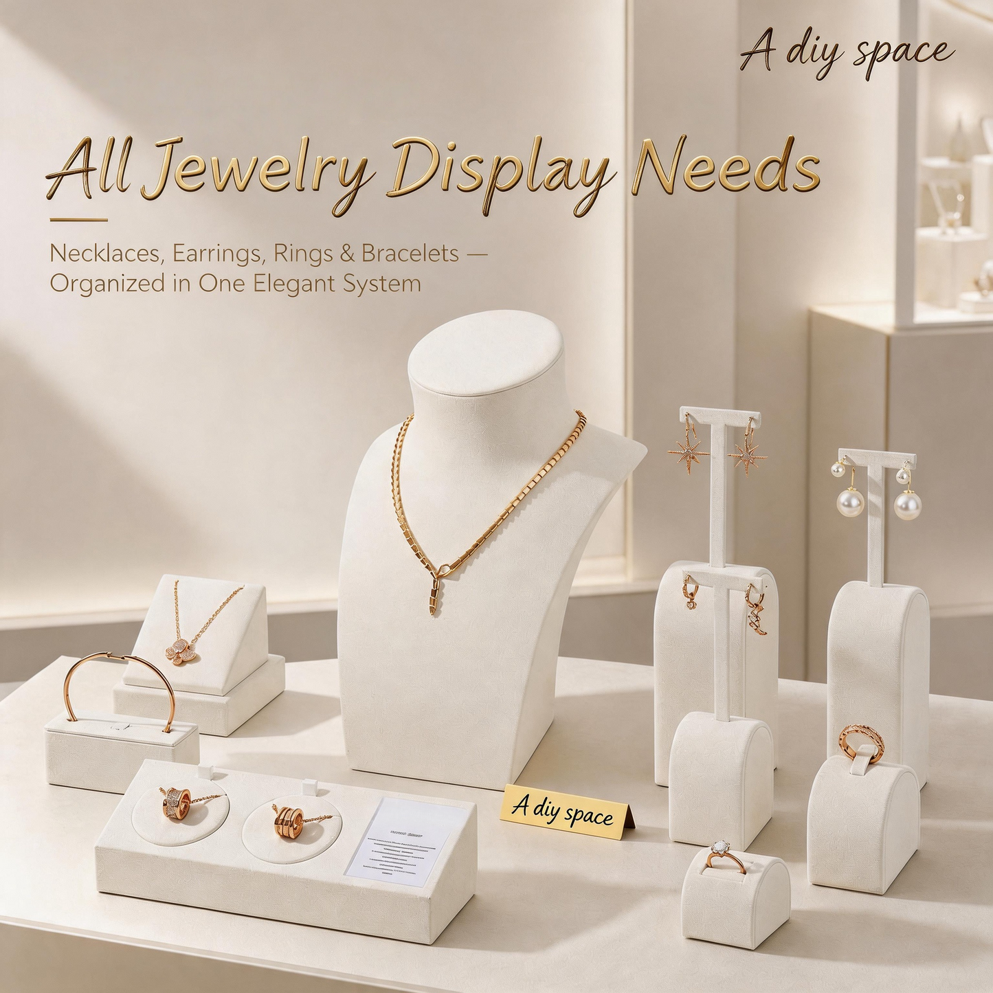 5PCS White Suede Jewelry Display Set, Necklace Bust, Earring T-Stand, Ring Organizer
