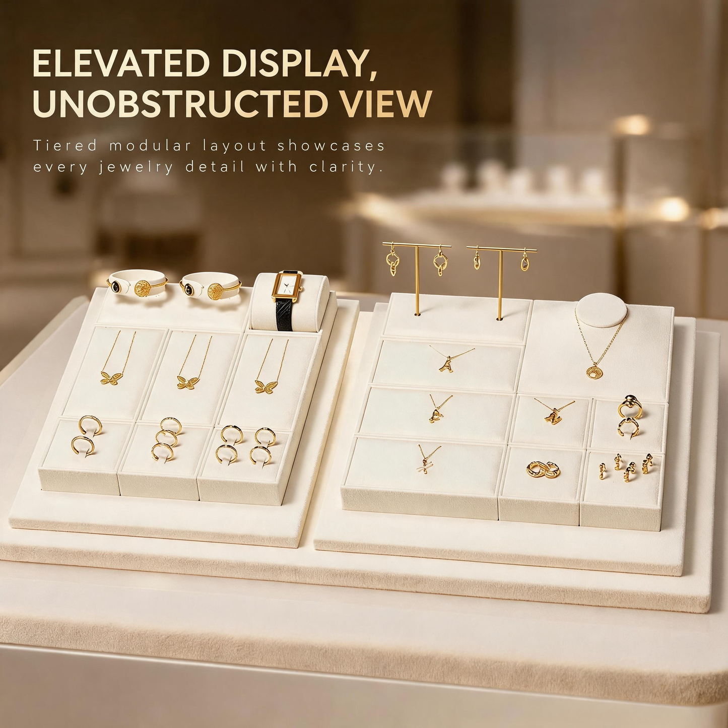 Suede Jewelry Display Stand Set, Tiered Modular Showcase Tray, White Microfiber Props