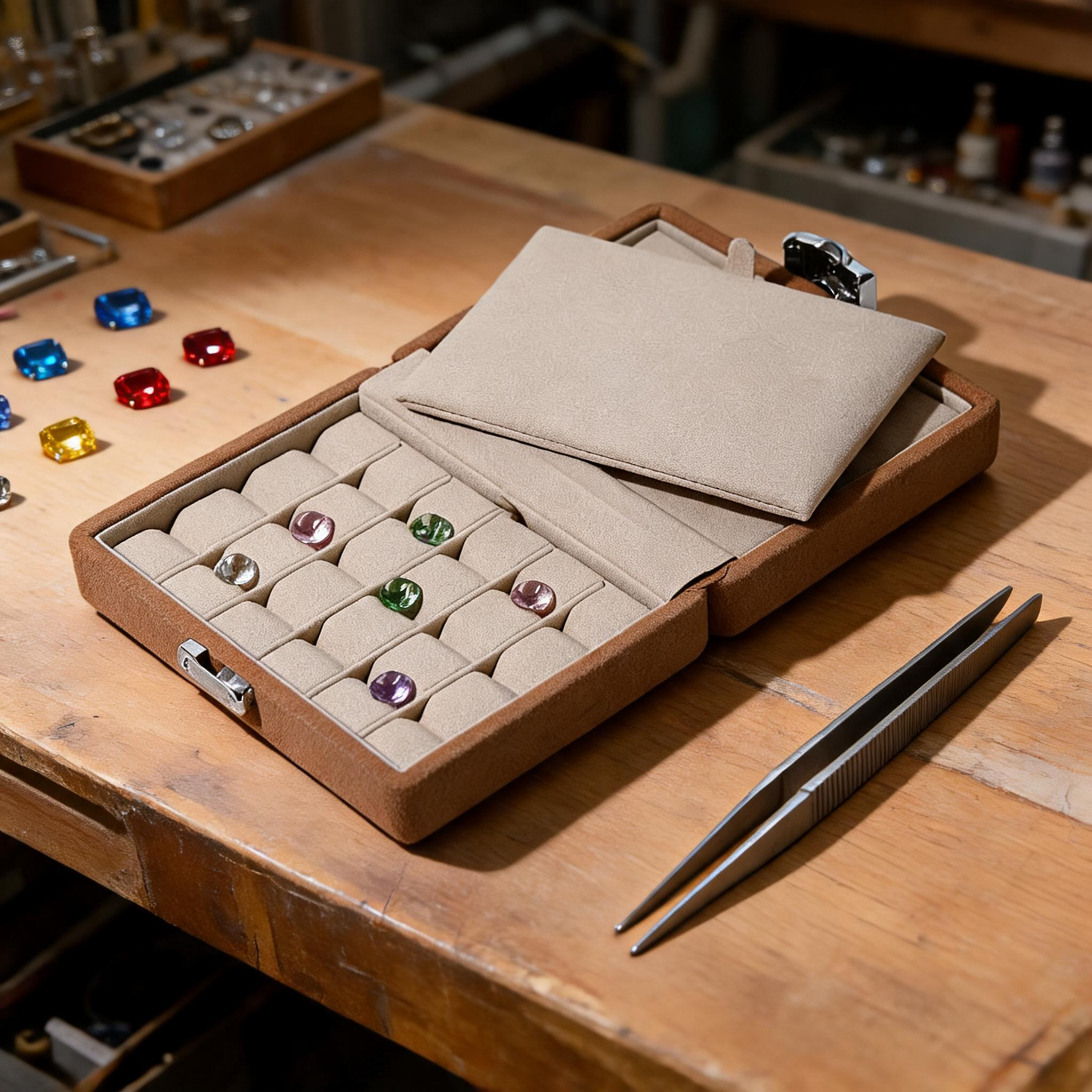 Suede Gemstone Ring Display Box with Lock, Loose Stone Organizer Case