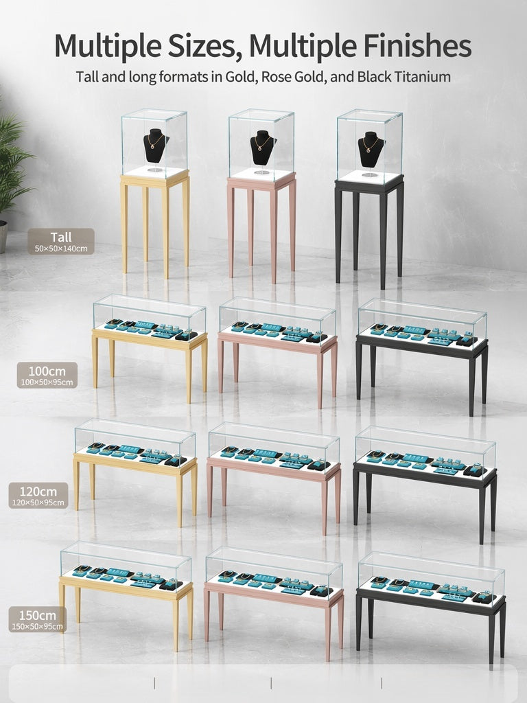 Stainless steel Luxury Jewelry Display Cabinet, Tempered Glass, Dual-Row LED, Gold Finish