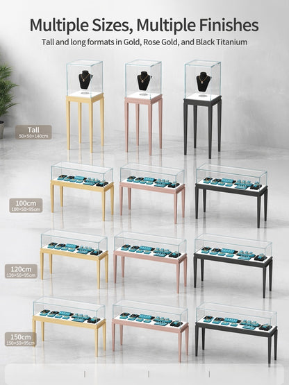 Stainless steel Luxury Jewelry Display Cabinet, Tempered Glass, Dual-Row LED, Gold Finish