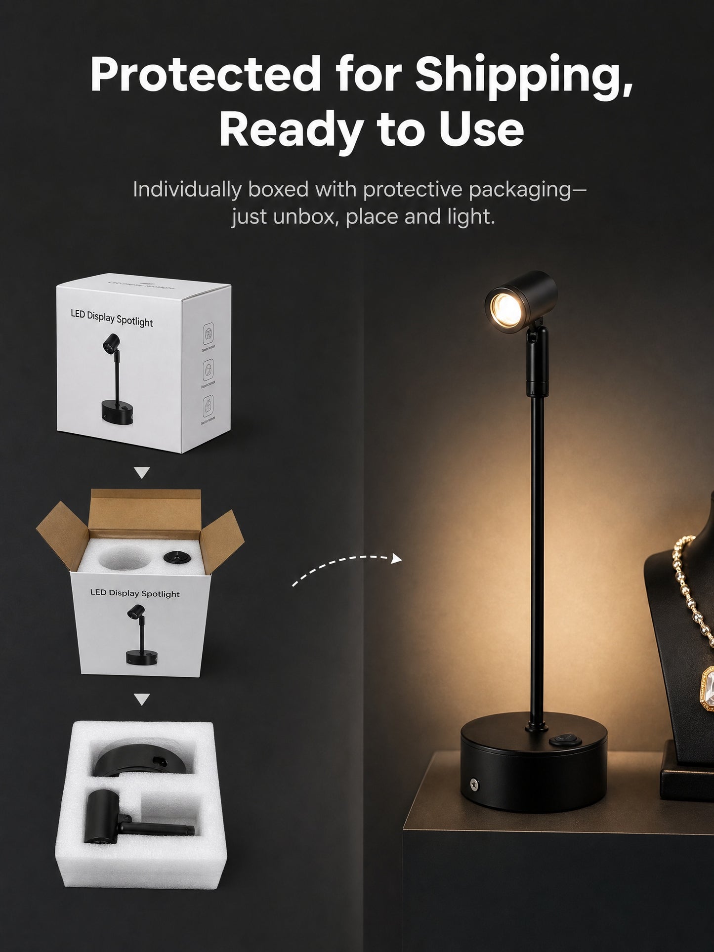Wireless LED Spotlight for Jewelry Display, Rechargeable Countertop Spot Lamp