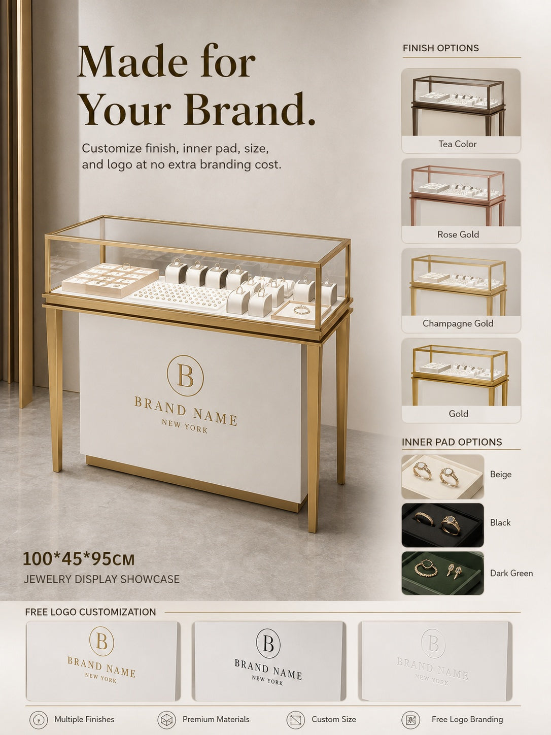Stainless Steel Jewelry Display | Electroplated Metal Showcase with Glass Top & Logo Option for Boutiques