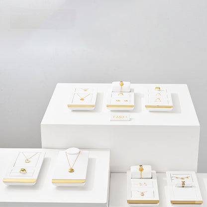 White Leather Jewelry Display Set with Gold Trim for Watch and Ring