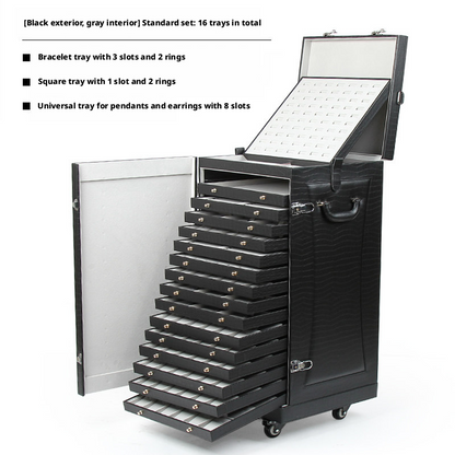 Rolling Jewelry Display Case, Crocodile PU Leather Tray Organizer Trunk, 16-Tier Storage