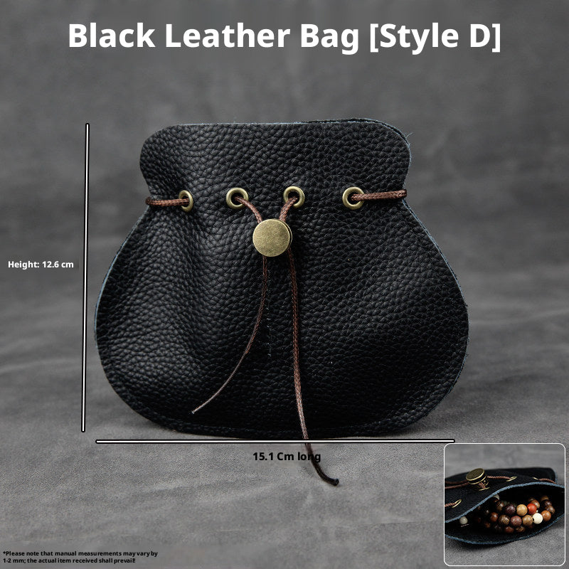 5pcs Genuine Leather Storage Pouch, Waterproof Pebble Cowhide Bag, Snap Drawstring Zipper Closure, Jewelry Organizer