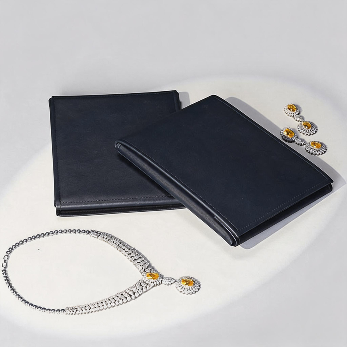 Navy Leather Necklace Organizer with Snap Button for Travel Storage