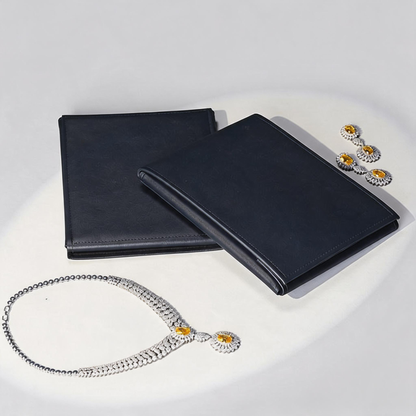 Navy Leather Necklace Organizer with Snap Button for Travel Storage