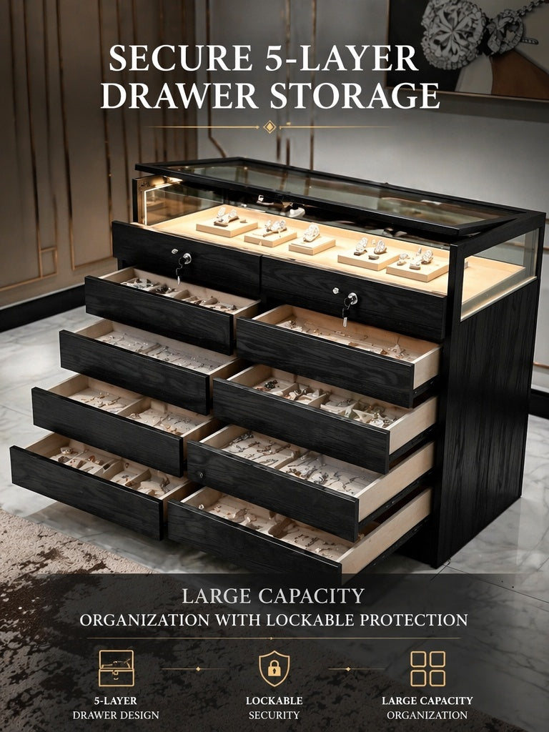 Solid Ash Wood Jewelry Display Case – Tempered Glass, LED Lighting, Lockable Drawers