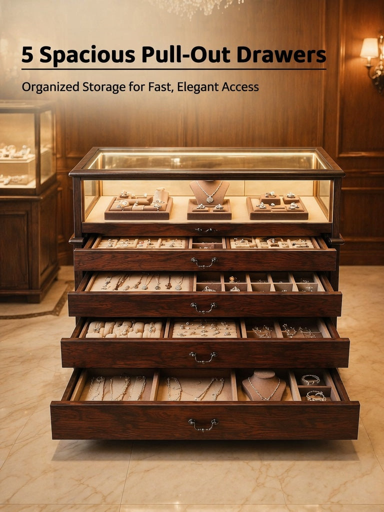 Handmade Ash Wood LED Jewelry Showcase - Illuminated Countertop Display Stand for Retail Jewelry cabinet