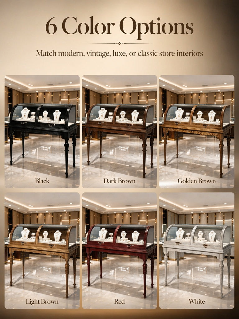 Lighted Wood Jewelry Display Case, Glass Curved Retail Showcase, Antique Store Fixture Cabinet