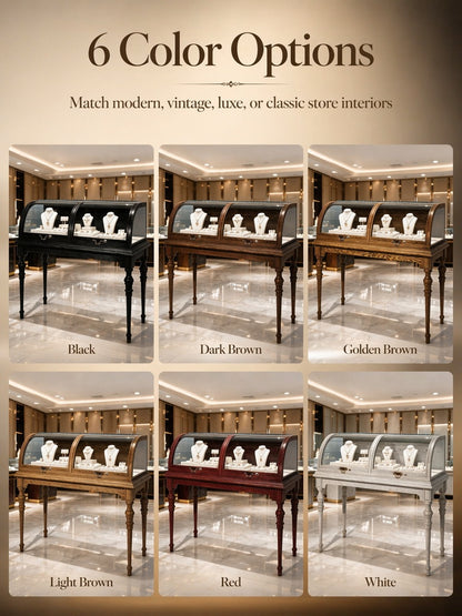 Lighted Wood Jewelry Display Case, Glass Curved Retail Showcase, Antique Store Fixture Cabinet