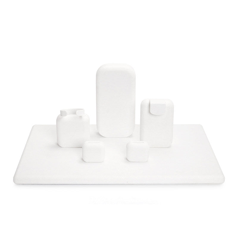 White Suede Jewelry Display Set with Necklace Stand and Ring Holders