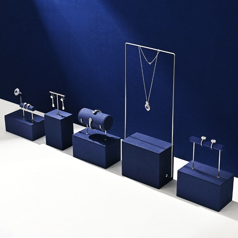 Navy Blue Velvet Jewelry Display Set with Metal Stands for Vendors