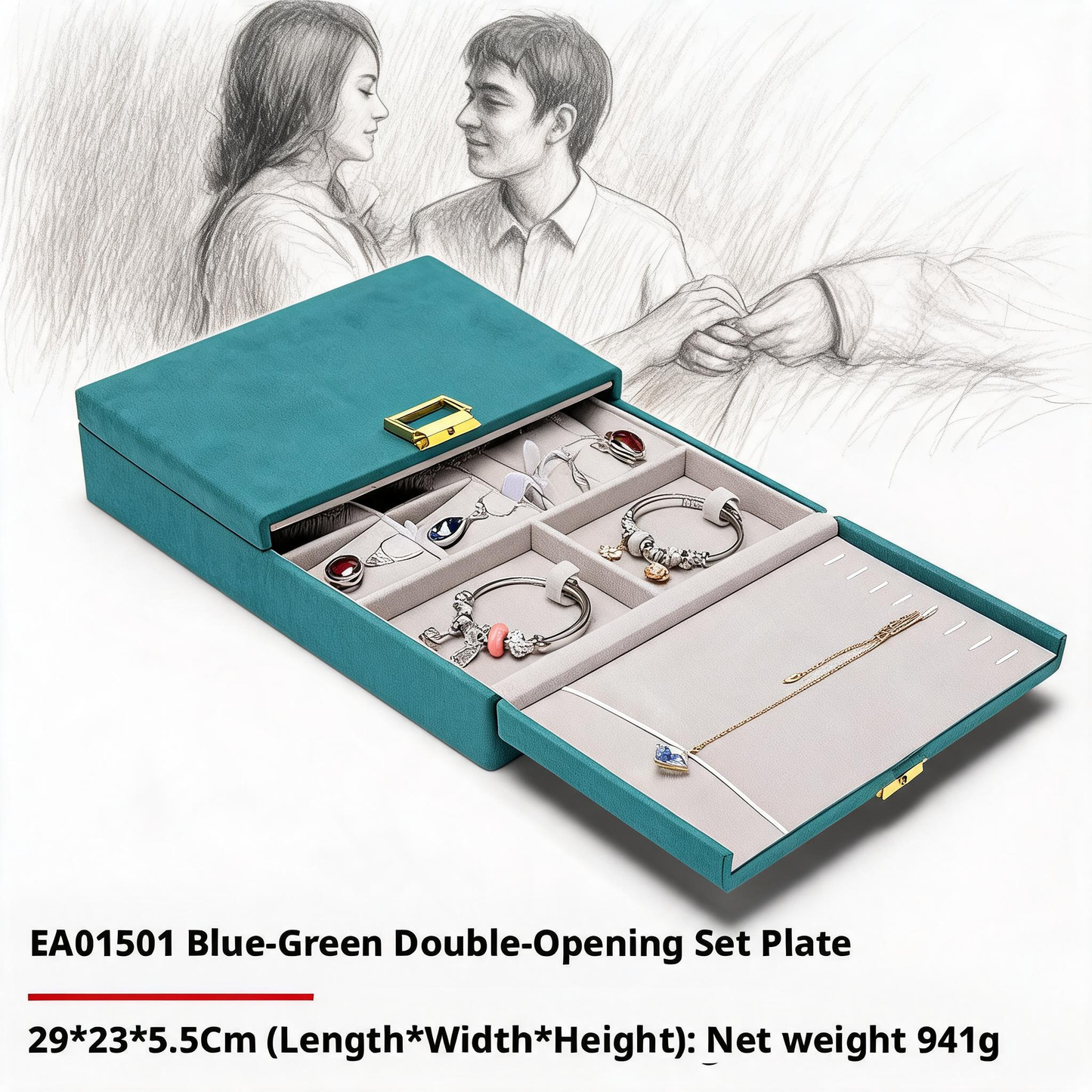 Handmade Double Door Jewelry Box, Large Capacity Organizer for Rings Necklaces, Gift