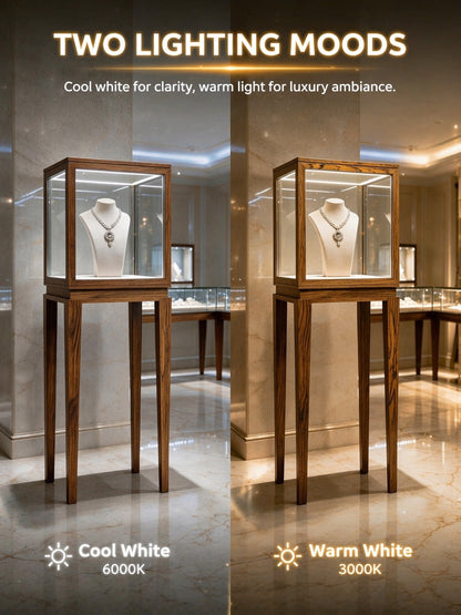 Luxury Wood Glass Display Cabinet, 360° LED Lighted Pedestal Showcase for Boutiques