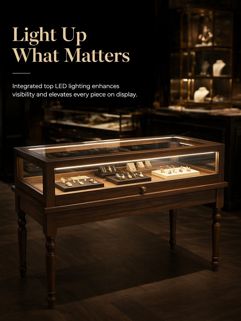 Solid Wood Jewelry Showcase – Vintage Style Display Cabinet with LED Lighting
