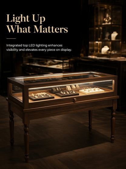 Solid Wood Jewelry Showcase – Vintage Style Display Cabinet with LED Lighting