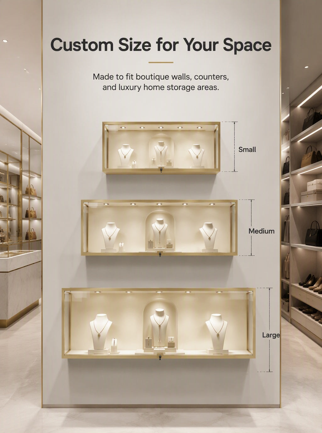 Luxury Wall Mounted Jewelry Display Cabinet, Stainless Steel Frame, Tempered Glass Showcase, Lockable Organizer