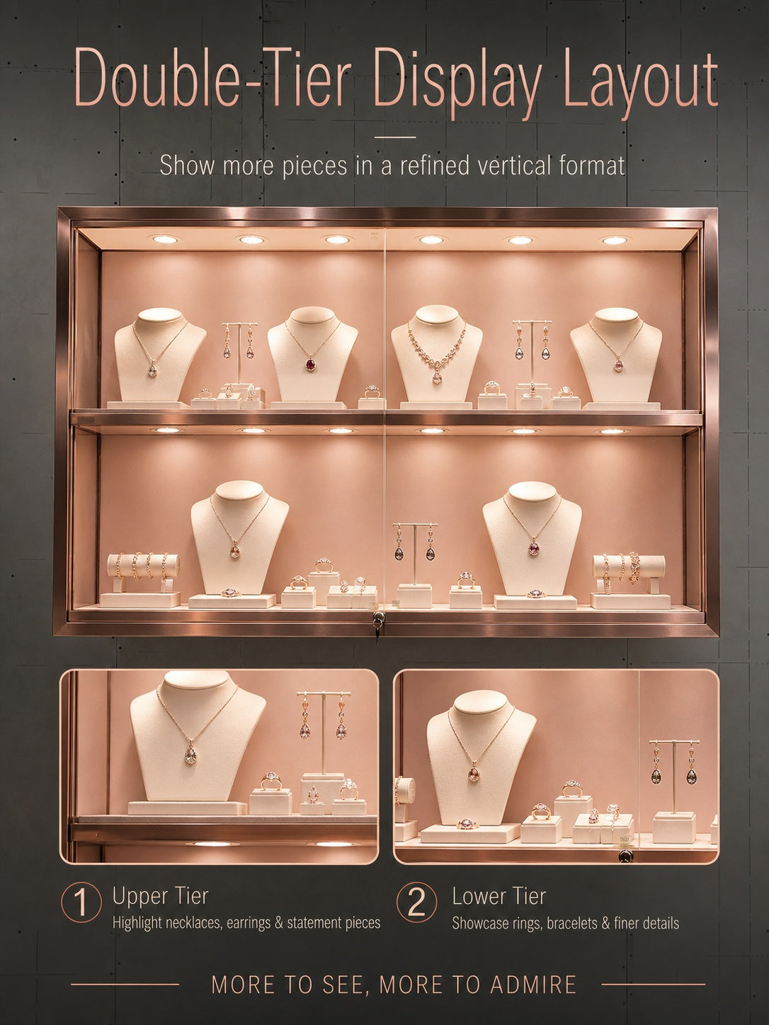 Gold Wall-Mounted Jewelry Display Case with LED Lights & Lock, 2-Tier Stainless Steel Electroplated Showcase Cabinet for Retail Boutiques