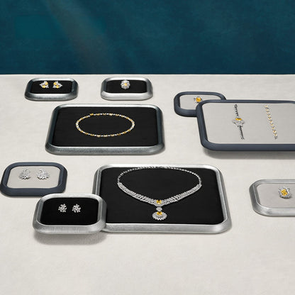 Silver Metal Jewelry Tray with Black Velvet for Ring and Necklace Display