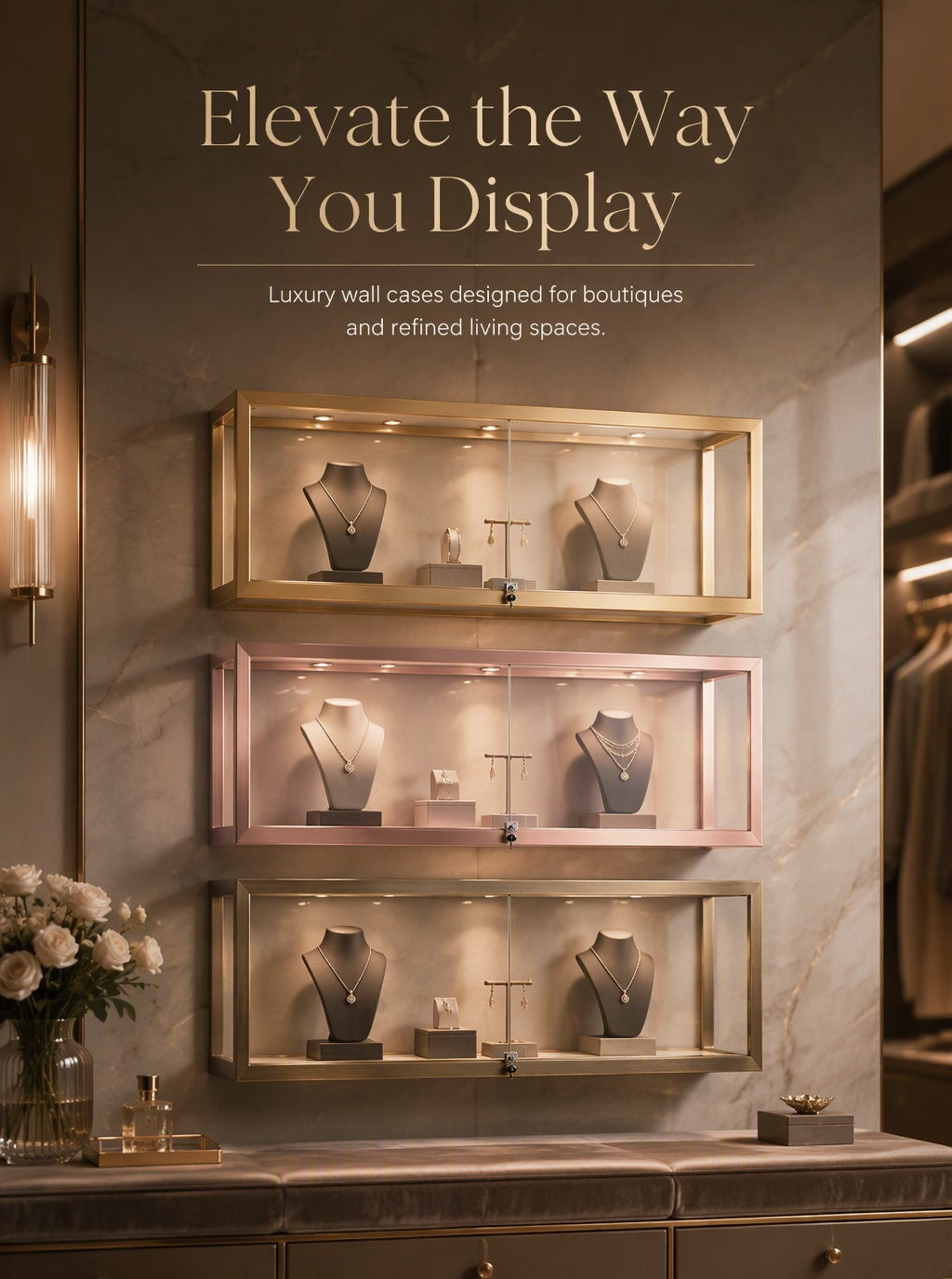 Luxury Wall Mounted Jewelry Display Cabinet, Stainless Steel Frame, Tempered Glass Showcase, Lockable Organizer